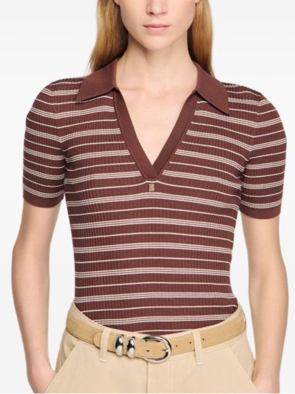 SANDRO striped V-neck polo sweater Ribbed V-Neck Polo Top in Brown Stripe Sz 2